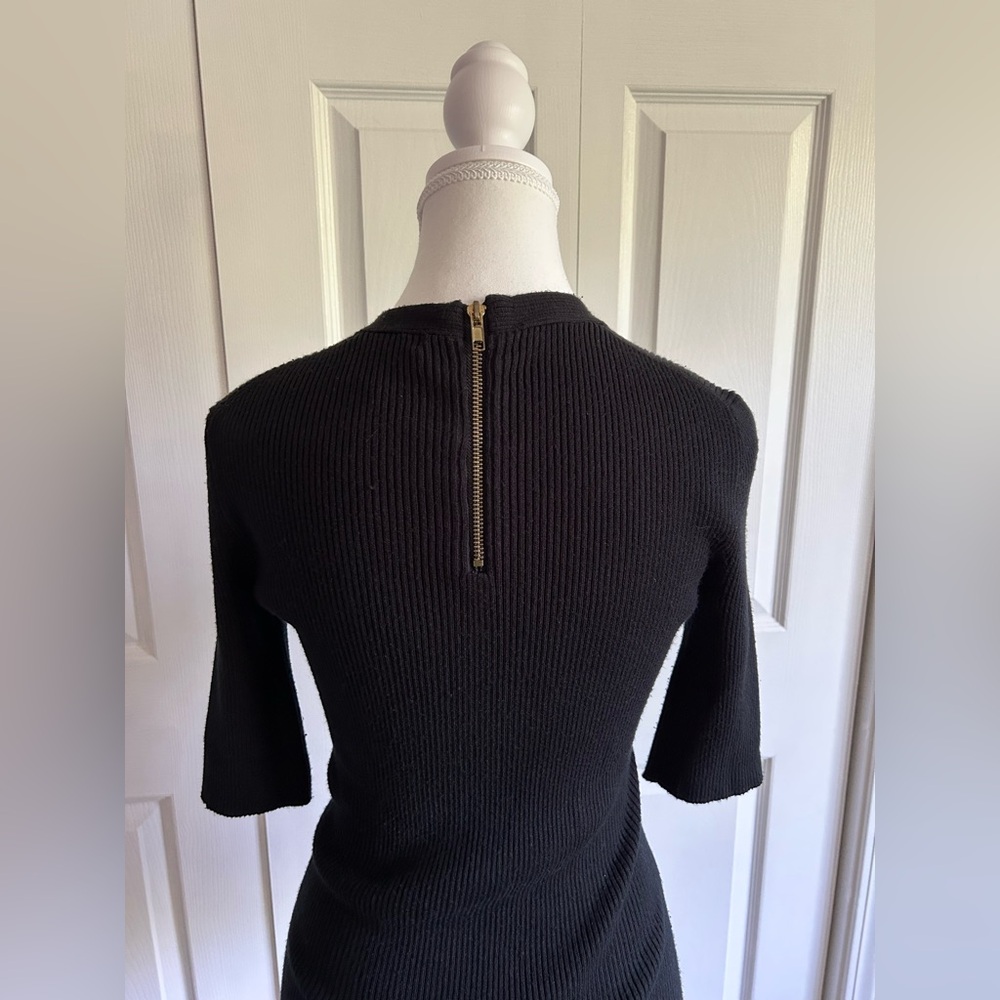 Black Short Sleeved Knit Top with Gold Zipper